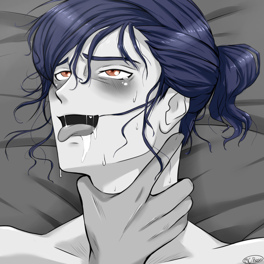 1boy ahe_gao blue_hair blush brown_eyes choking felix_hugo_fraldarius fire_emblem fire_emblem:_three_houses looking_pleasured male_focus mc-rose nintendo on_bed saliva saliva_trail short_hair solo_focus sweat tearing_up tears tongue tongue_out