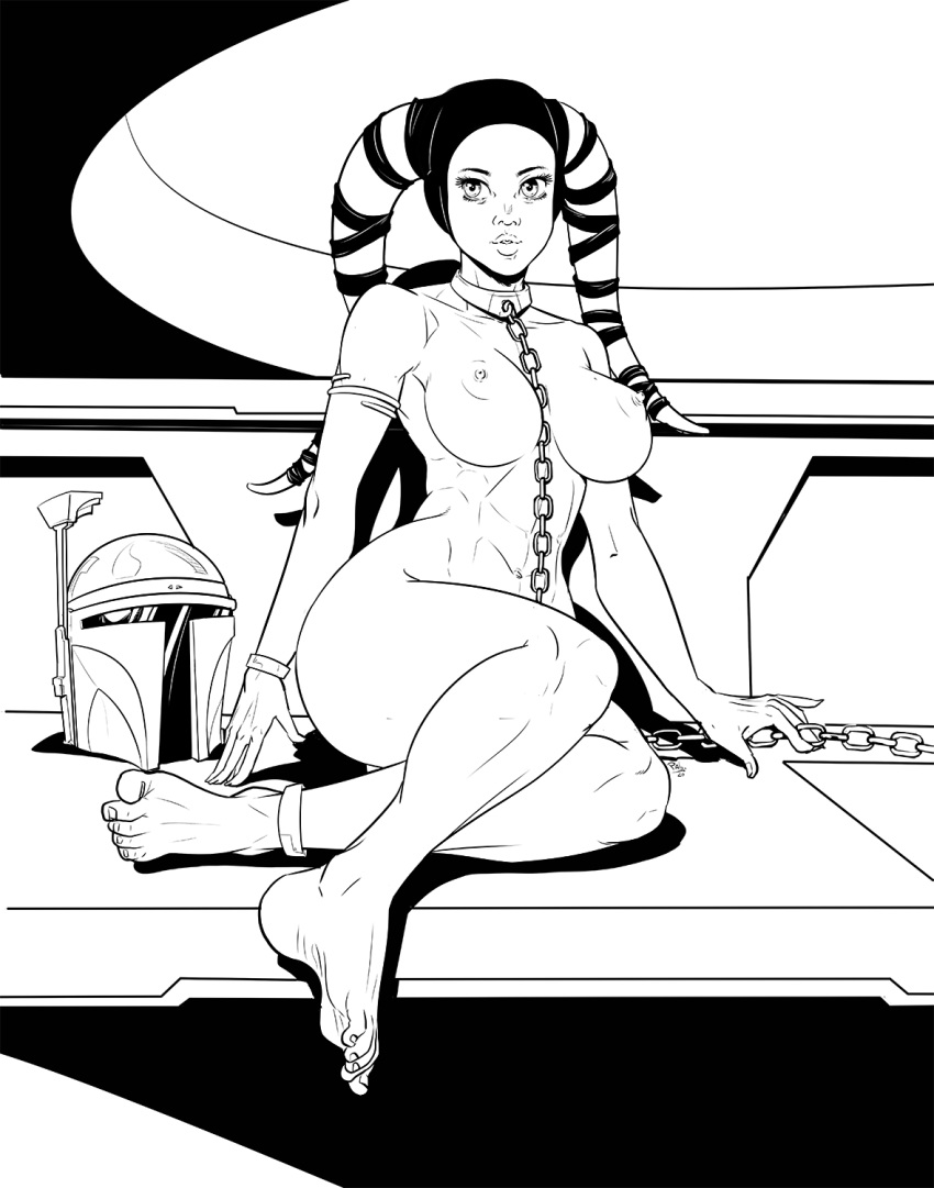 abs belly black_and_white chain_leash chained femsub large_breasts lucasfilm mandalorian_helmet nipples pablocomics sex_slave slave slave_collar star_wars submissive_female twi'lek voluptuous