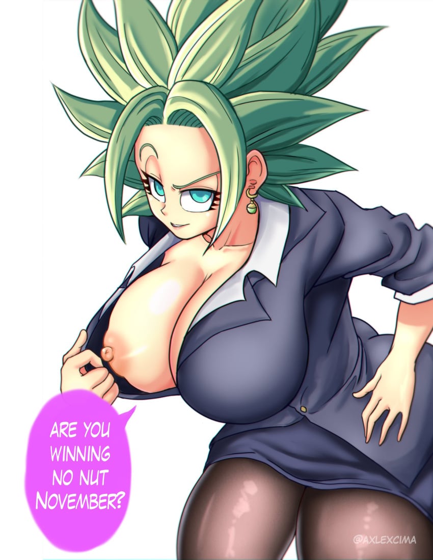 1girls alternate_breast_size axlexcima big_breasts breasts business_suit business_woman cleavage dragon_ball dragon_ball_super earrings english_text female fusion green_eyes green_hair kefla large_breasts legendary_super_saiyan light-skinned_female light_skin nipples no_nut_november office_lady potara_earrings saiyan seductive seductive_smile short_hair sleeves_rolled_up smile spiky_hair super_saiyan super_saiyan_2 teacher text