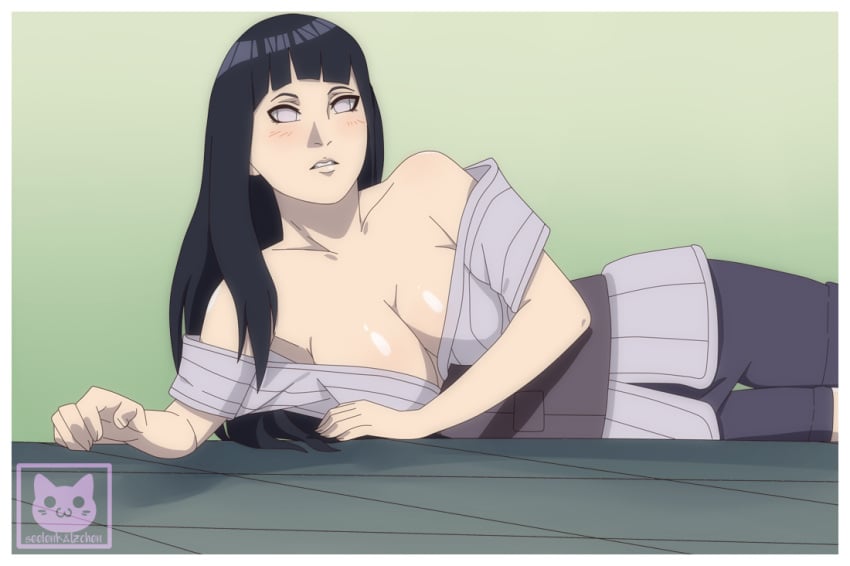 1girls bad_censor bare_shoulders big_breasts blush breasts cleavage clothing clothing_pull covering female female_only hyuuga_hinata long_hair looking_at_viewer lying naruto naruto:_the_last naruto_(series) on_side parted_lips purple_hair sash seelenkaetzchen short_kimono shorts sleeveless violet_eyes