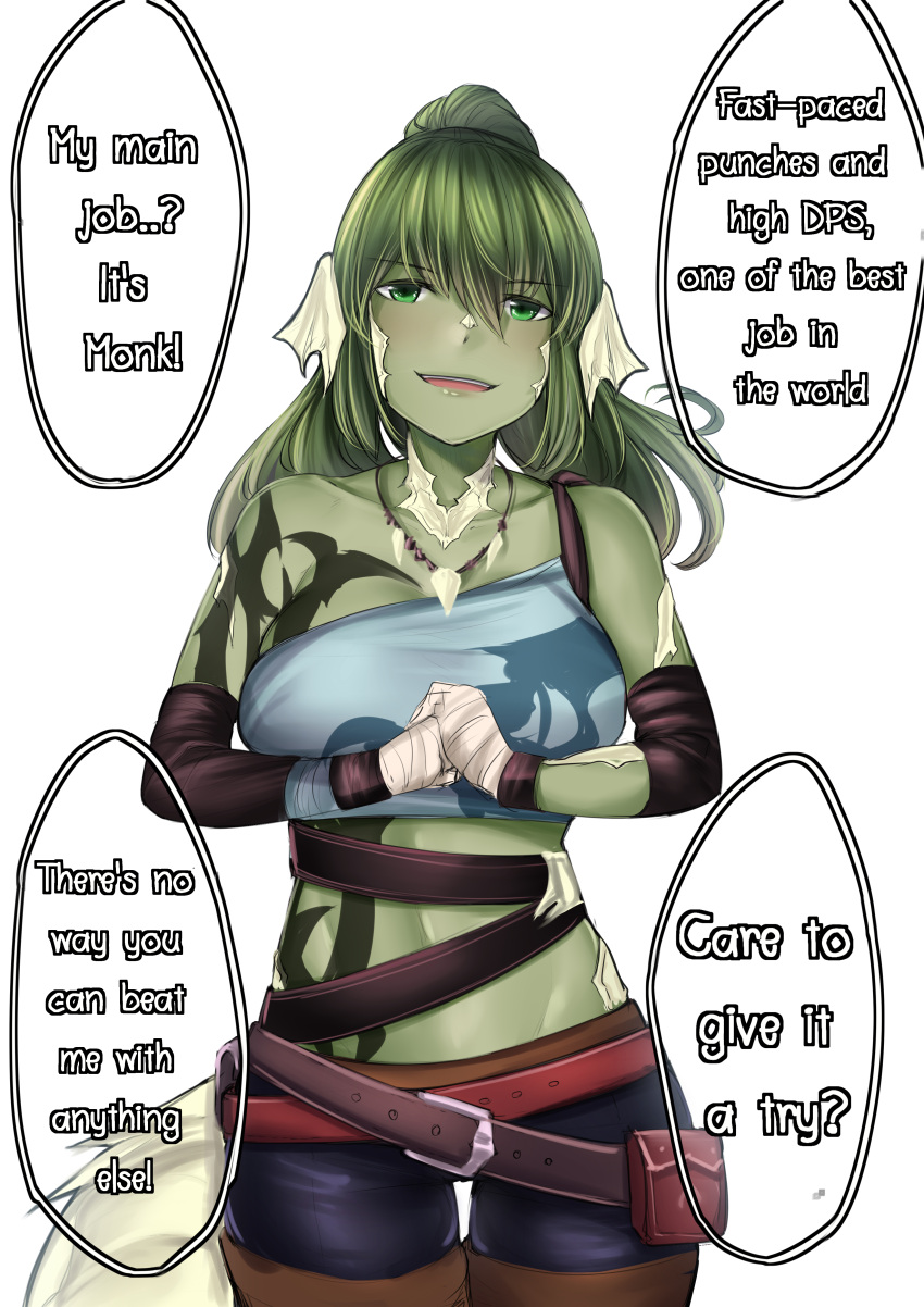 au_ra bandages blush english english_text final_fantasy final_fantasy_xiv green_eyes green_hair green_skin greenopi high_resolution horns large_filesize looking_at_viewer ponytail raen scales shino_senkatsu smug tattoo text tied_hair very_high_resolution white_background