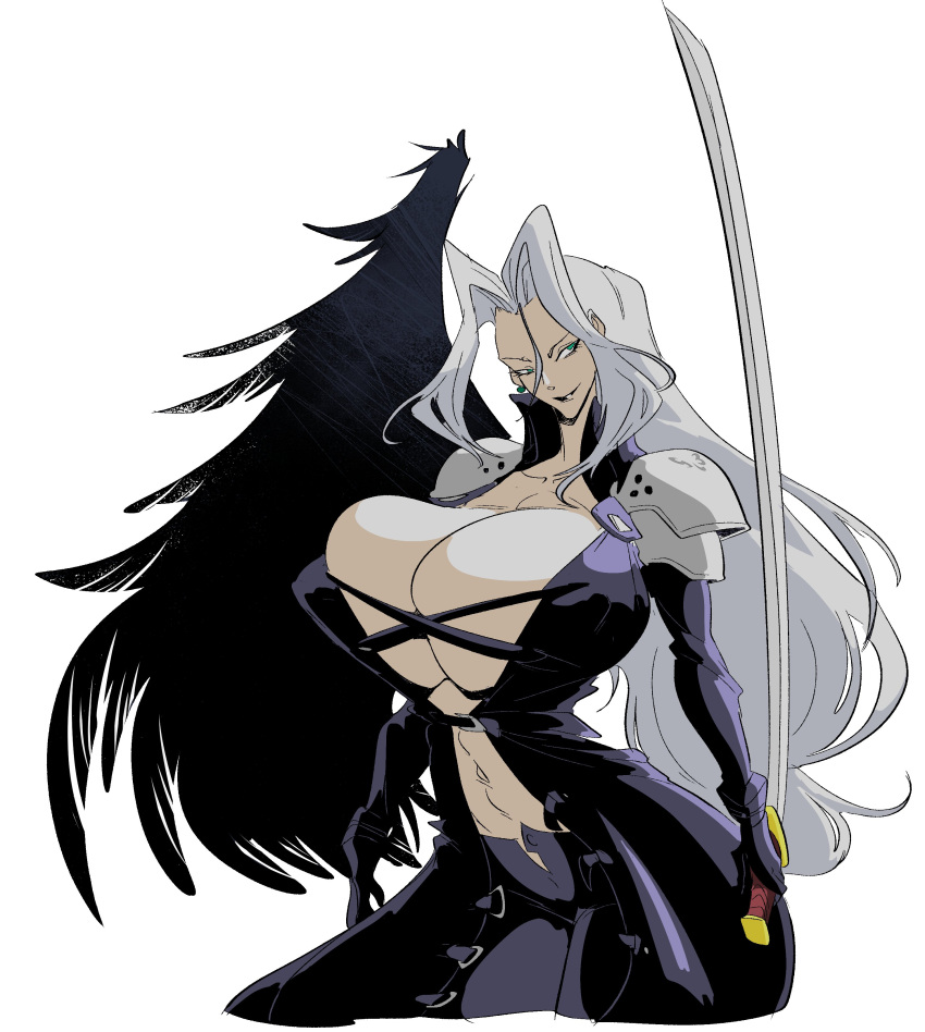 1girls final_fantasy final_fantasy_vii huge_breasts katana light-skinned_female light_skin long_hair rule_63 sephimom sephiroth slb smirk solo sword white_hair