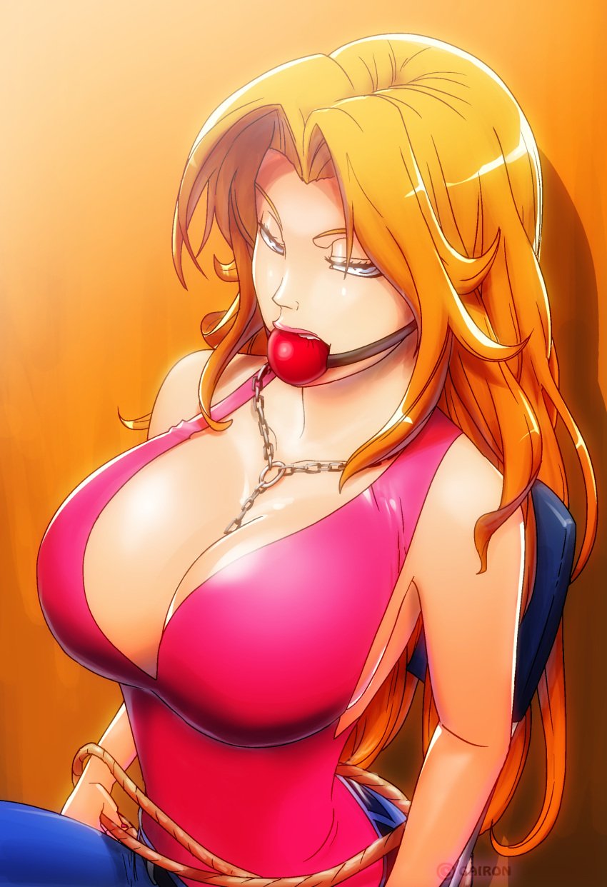 1girls ball_gag bleach blue_eyes breasts cleavage deep_cleavage female female_only gag gagged gairon hi_res huge_breasts jewelry matsumoto_rangiku necklace orange_hair red_ball_gag rope solo tight_clothing very_long_hair