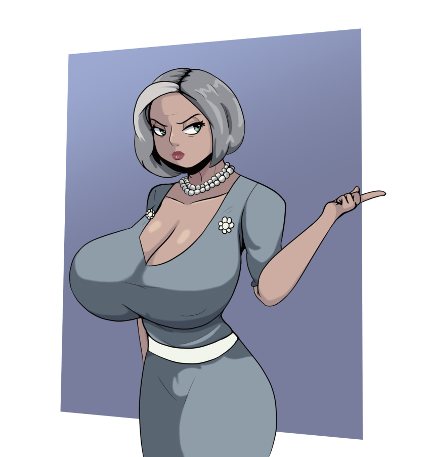 1girls archer_(series) cleavage female female_only gilf gray_hair iggy-bomb large_breasts lipstick malory_archer mature_female milf pearl_necklace simple_background solo