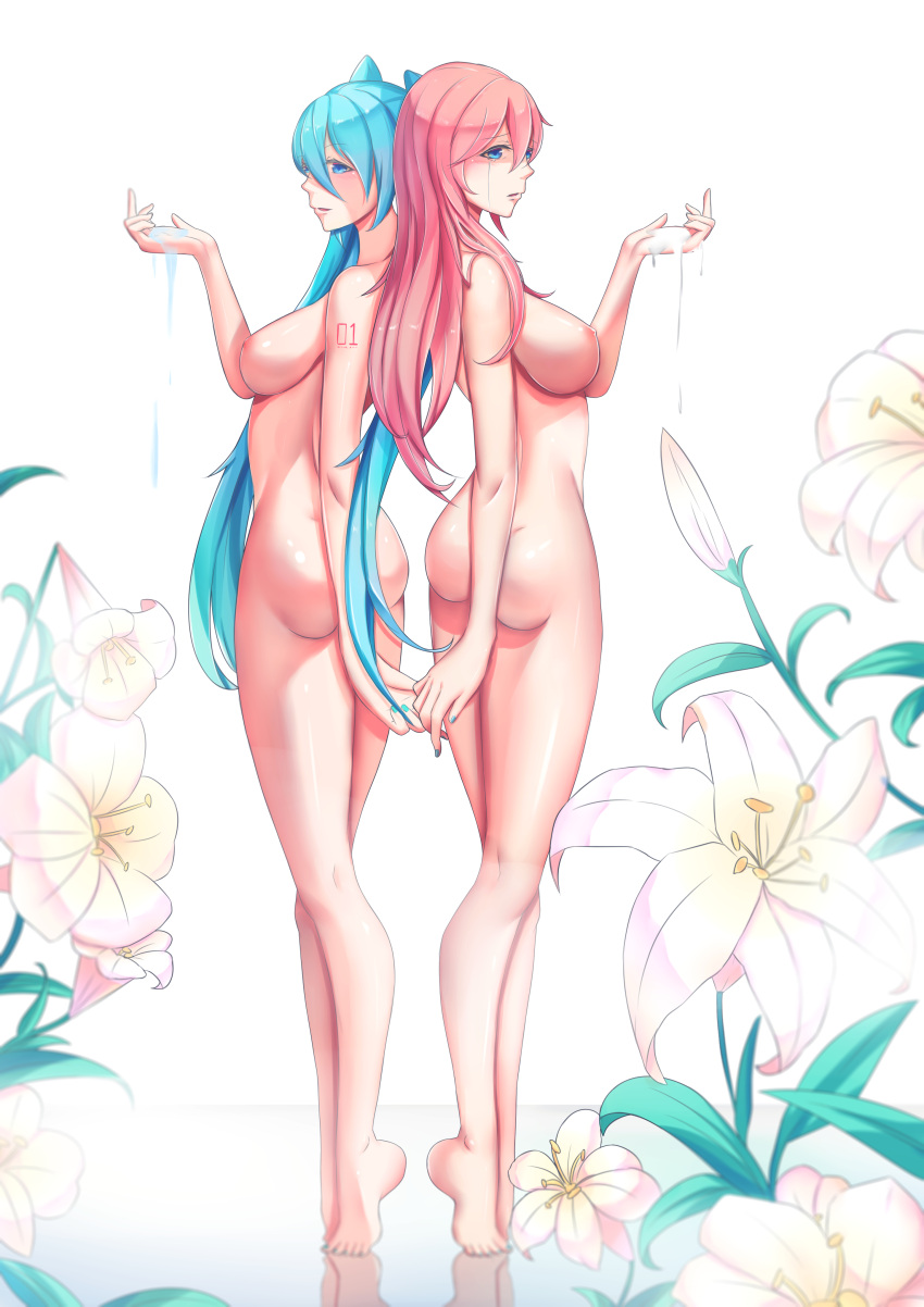 2girls absurdres ass blue_eyes blush breasts cum flower hatsune_miku highres holding_hands large_breasts lily_(flower) long_hair megurine_luka multiple_girls nail_polish nude pink_hair songjiangcc tears vocaloid yuri