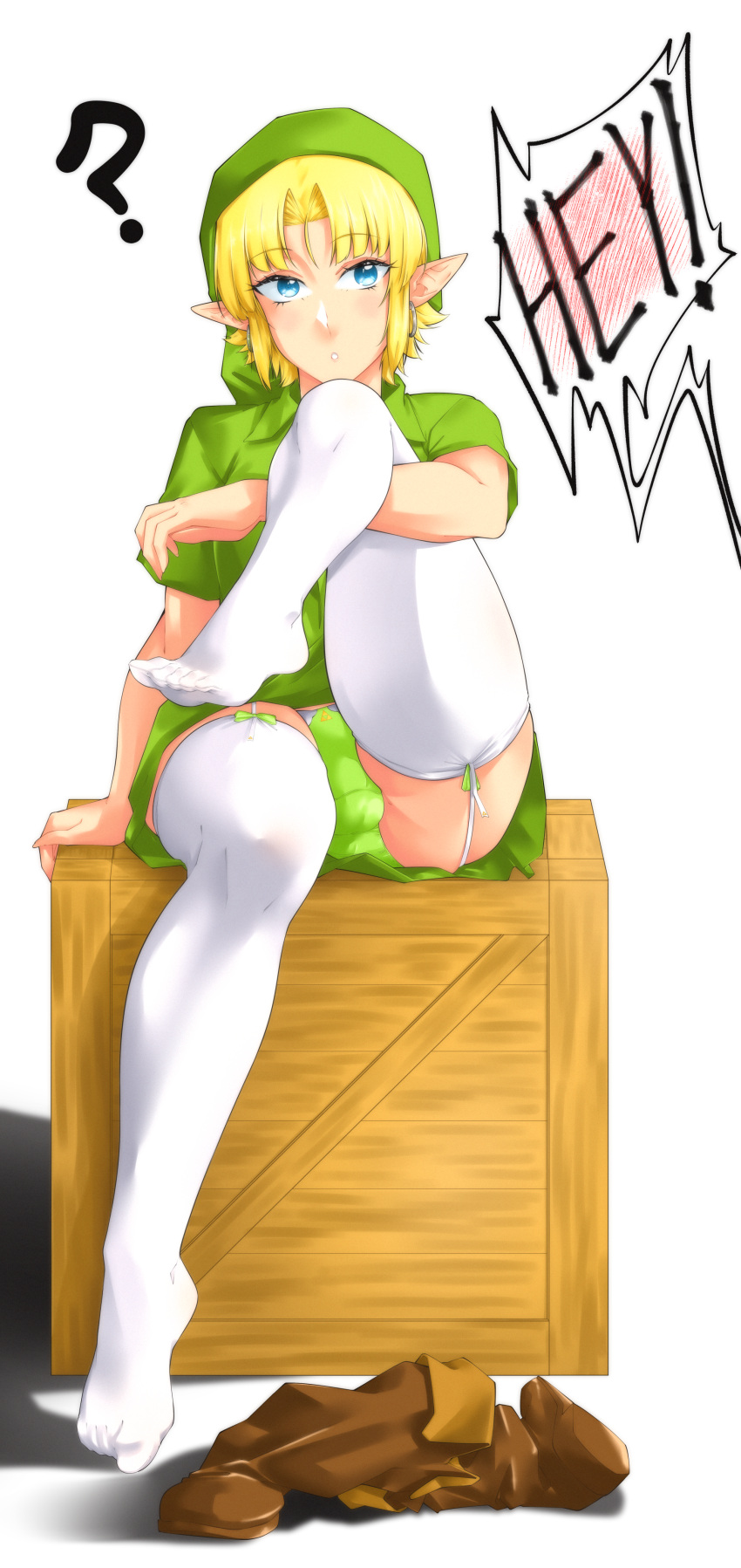 1boy 2020 ? absurd_res ball_bulge bare_arms blonde_hair blue_eyes blush boots boots_removed box bulge clothing crate crossdressing ear_ring earrings eyebrows_visible_through_hair feet femboy full_body garter_straps green_clothing green_panties hat highres hylian link link_(ocarina_of_time) long_ears male male_only nintendo ocarina_of_time offscreen_character omiiverse panties pointy_ears raised_leg screaming shadow short_hair sitting solo speech_bubble spoken_blush suiren_ciao teeth text the_legend_of_zelda thick_thighs thighhighs thighs toes underwear white_background zettai_ryouiki