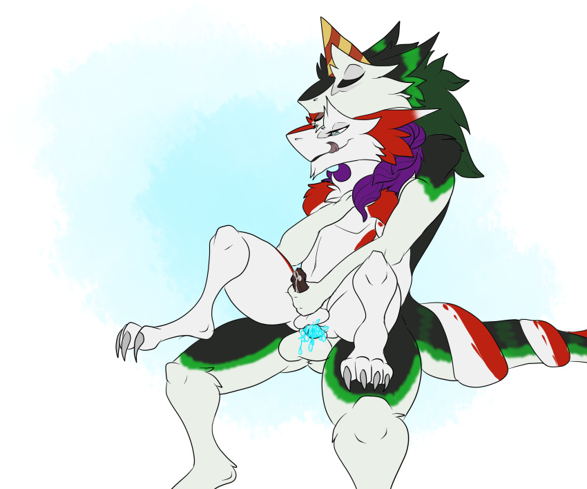 anthro anthro_on_anthro azaly balls braided_hair cum duo erection fur hair long_hair long_tail male mammal open_mouth penetration penis purple_hair red_fur sergal sergalsmilchistgut sex simple_background thorsten tongue yaoi