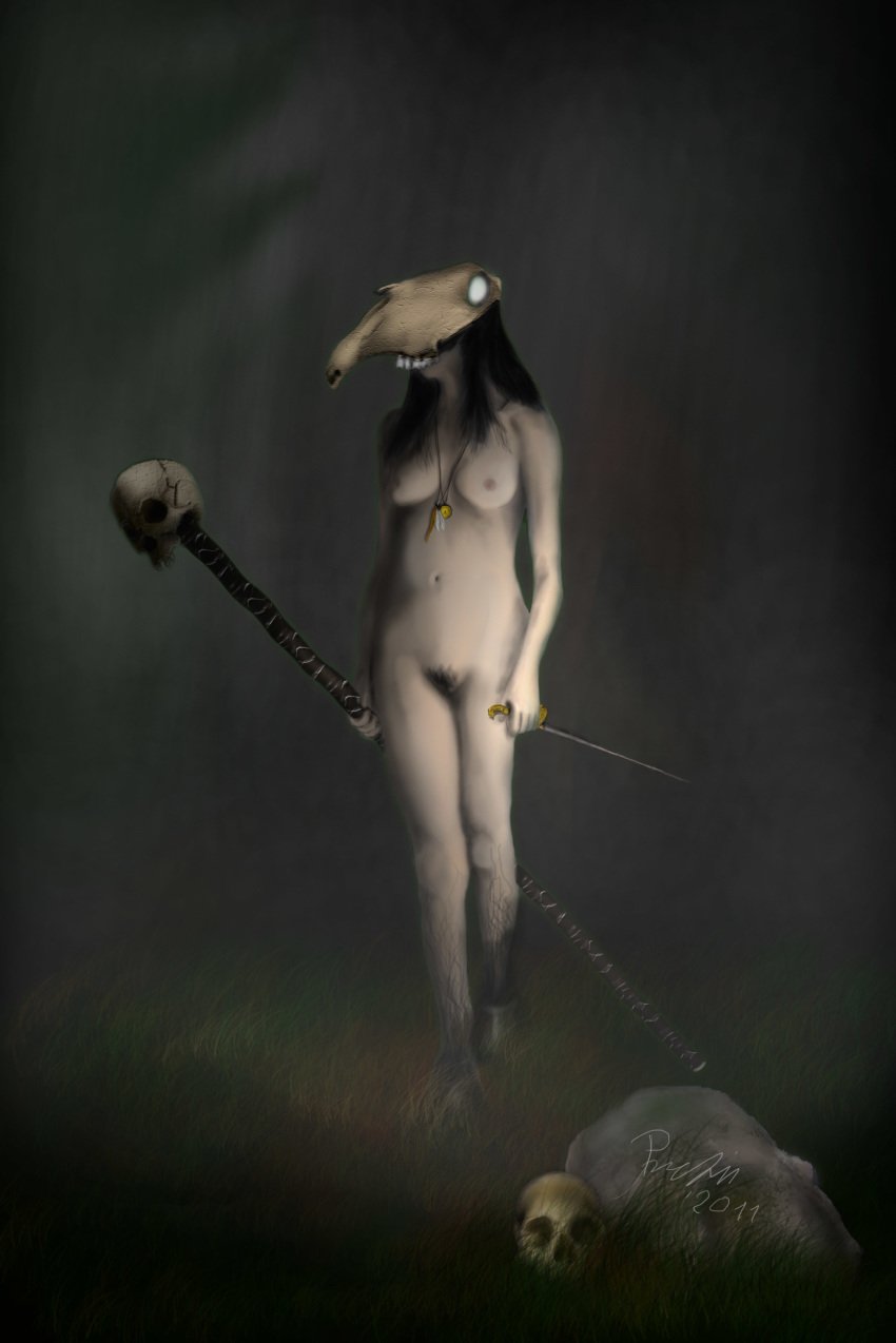 1girls 2011 armed black_hair breasts dark demon detailed female fog folklore foxia full_body fully_nude grass horse_skull human human_only jewelry mammal melee_weapon mythology necklace nightmare_fuel nightmare_waifu nipples nude outdoors outside painting_(artwork) pubes rapier rock skull skull_head solo solo_female solo_focus staff sword weapon