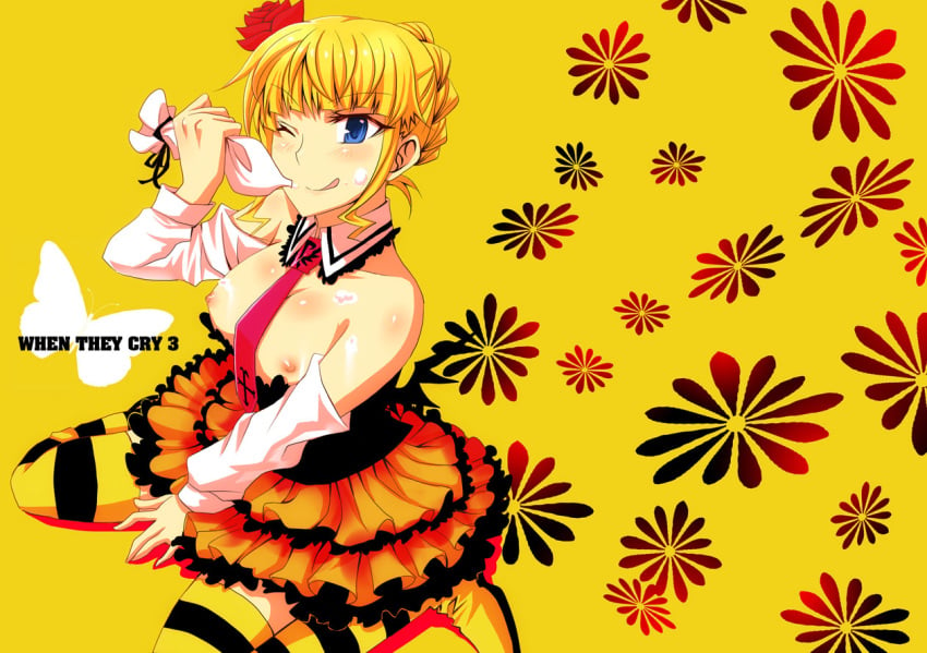 07th_expansion beatrice_(umineko) blonde_hair blue_eyes breasts detached_sleeves female female_only isya necktie skirt solo striped striped_legwear striped_thighhighs thighhighs umineko_no_naku_koro_ni wink