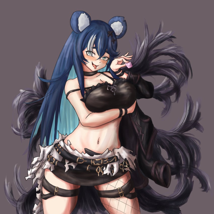 1girls 2023 alternate_costume bear bear_ears bear_girl black_bottomwear black_clothing black_neckwear black_topwear blue_eyes blue_hair bottomwear bunnyfaqer clothed clothing condom corruption female female_focus female_only fishnet_legwear fishnets fujikura_uruka hair hair_ornament holding holding_condom holding_object large_breasts light-skinned_female light_skin long_hair looking_at_viewer multicolored_hair neckwear open_mouth phase_connect phase_origins pink_condom purple_hair ripped_clothing ripped_shirt simple_background solo thick_thighs tongue tongue_out topwear unopened_condom_wrapper virtual_youtuber vtuber white_hair x_hair_ornament