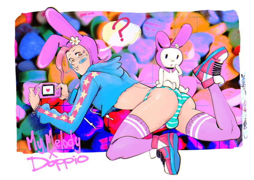 1boy ass crop_top eurobeat femboy freckles jojo's_bizarre_adventure looking_back male_only my_melody my_melody_(cosplay) onegai_my_melody panties pink_hair sanrio solo_male striped_panties thighhighs trap vento_aureo vinegar_doppio