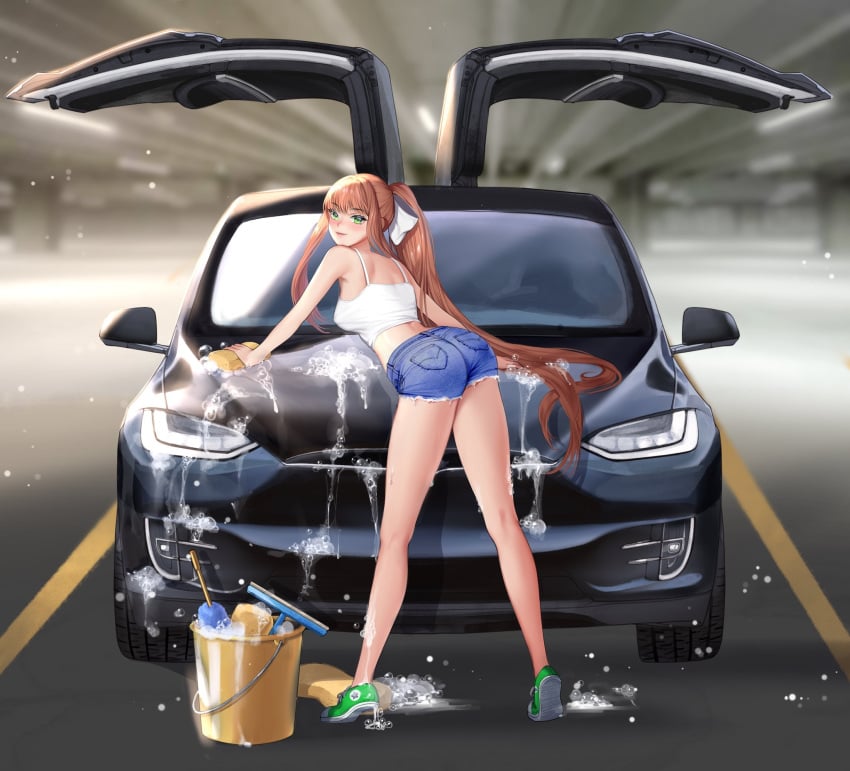 1girls ass big_ass bloomers blush brown_hair bubble_ass bubble_butt bubbles car car_wash doki_doki_literature_club female_only green_eyes hourglass_figure jeans long_legs looking_at_viewer looking_back medium_breasts monika_(doki_doki_literature_club) ponytail potetos7 ribbon shoes shorts sideboob soap tesla top topwear washing water wet white_ribbon white_topwear