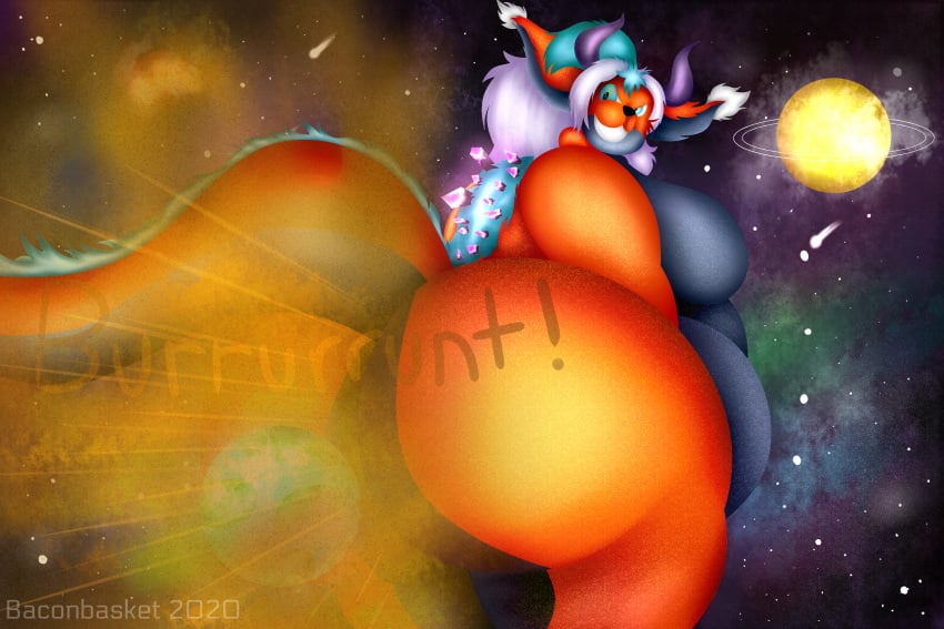 2020 3:2 absurd_res anthro ass baconbasket big_breasts big_butt breasts digital_painting_(artwork) earth english_text fart fart_cloud fart_fetish female hair hi_res huge_butt looking_back macro macro_domination nude shaded signature smaller_version_at_source smile solo space text thick_thighs watermark