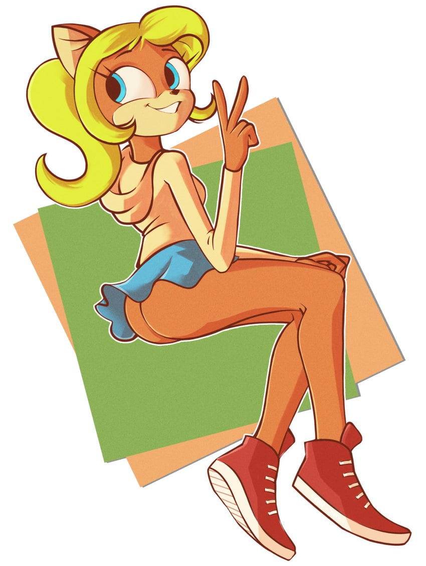 1girls ass bangs blonde_hair blue_eyes bottomless_skirt coco_bandicoot crash_(series) female full_body high_ponytail hoodie long_hair looking_back looking_over_shoulder miniskirt no_panties ponytail razerlemons red_sneakers smile solo upskirt v v_sign