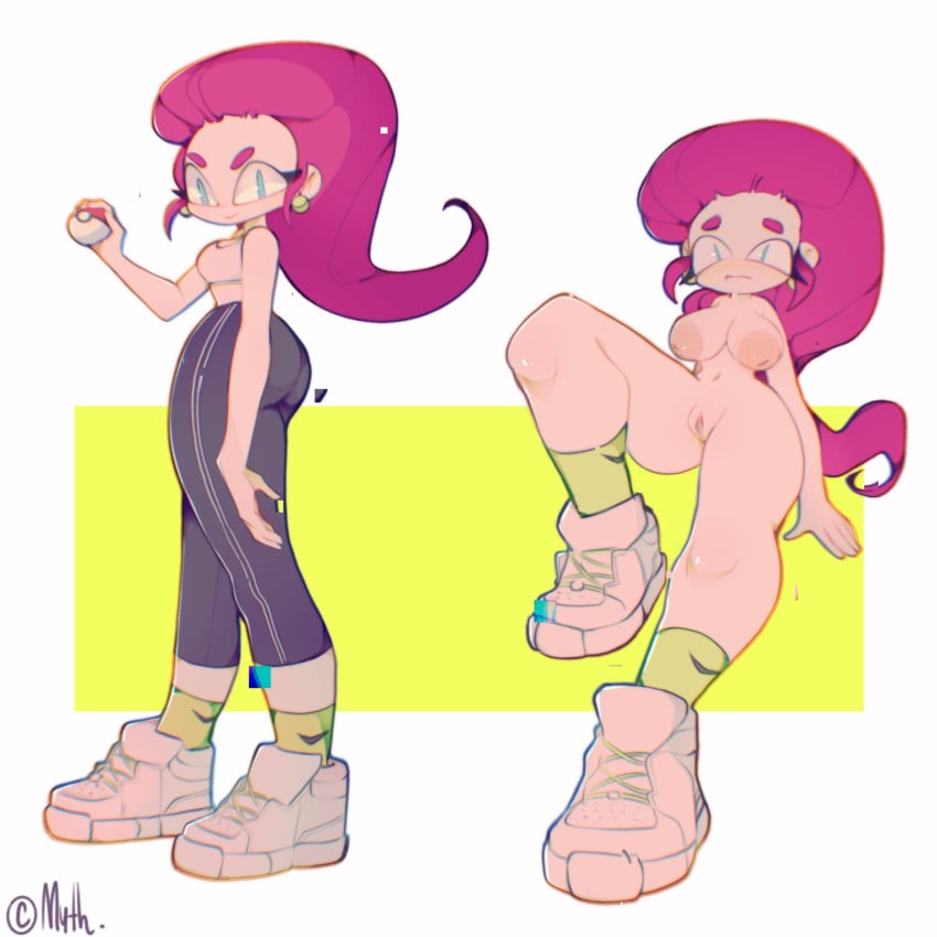 1girls 2020 areolae athletic_wear blue_eyes breasts earrings female female_only human human_only inverted_nipples jessie_(pokemon) large_areolae mythruna naked_footwear nipples pokemon pussy red_hair retro shoes sneakers socks solo yoga_pants