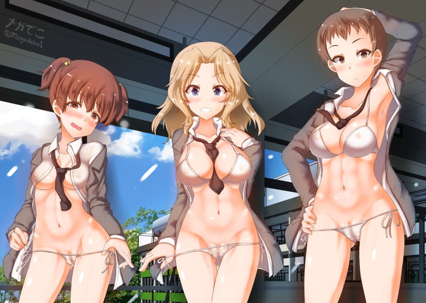 3girls alisa_(girls_und_panzer) aquaegg bangs between_breasts blonde_hair blue_eyes blush bra breasts brown_eyes brown_hair building cloud covered_nipples door freckles girls_und_panzer heavy_breathing highres jacket kay_(girls_und_panzer) long_hair long_sleeves looking_at_viewer low_rise multiple_girls naomi_(girls_und_panzer) navel necktie open_clothes open_mouth panties pussy_peek school_uniform see-through shirt short_hair short_twintails side-tie_panties sky smile toned twintails underwear uniform very_short_hair window