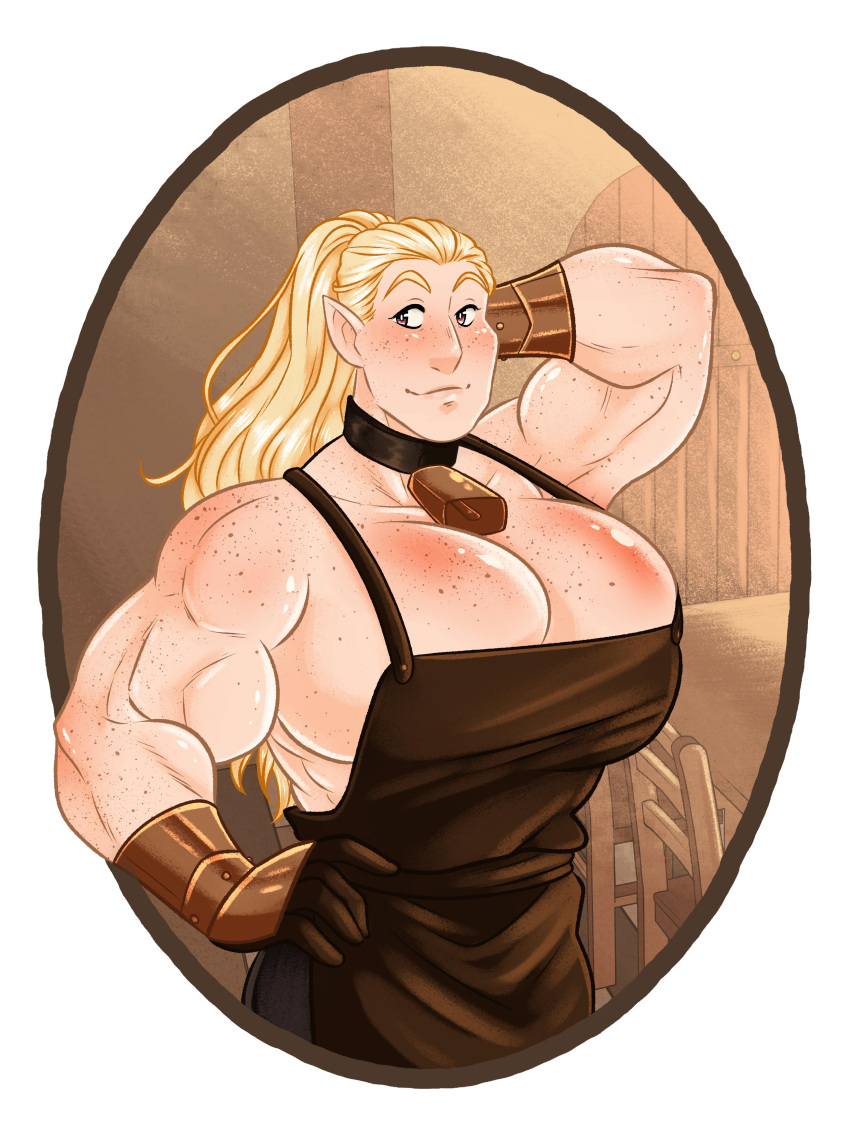 apron artist_request bare_shoulders biceps blacksmith blonde_hair breasts busty cleavage cowbell female freckles gloves hand_on_head huge_breasts looking_at_viewer metal_gloves muscles muscular_female pointy_ears ponytail solo