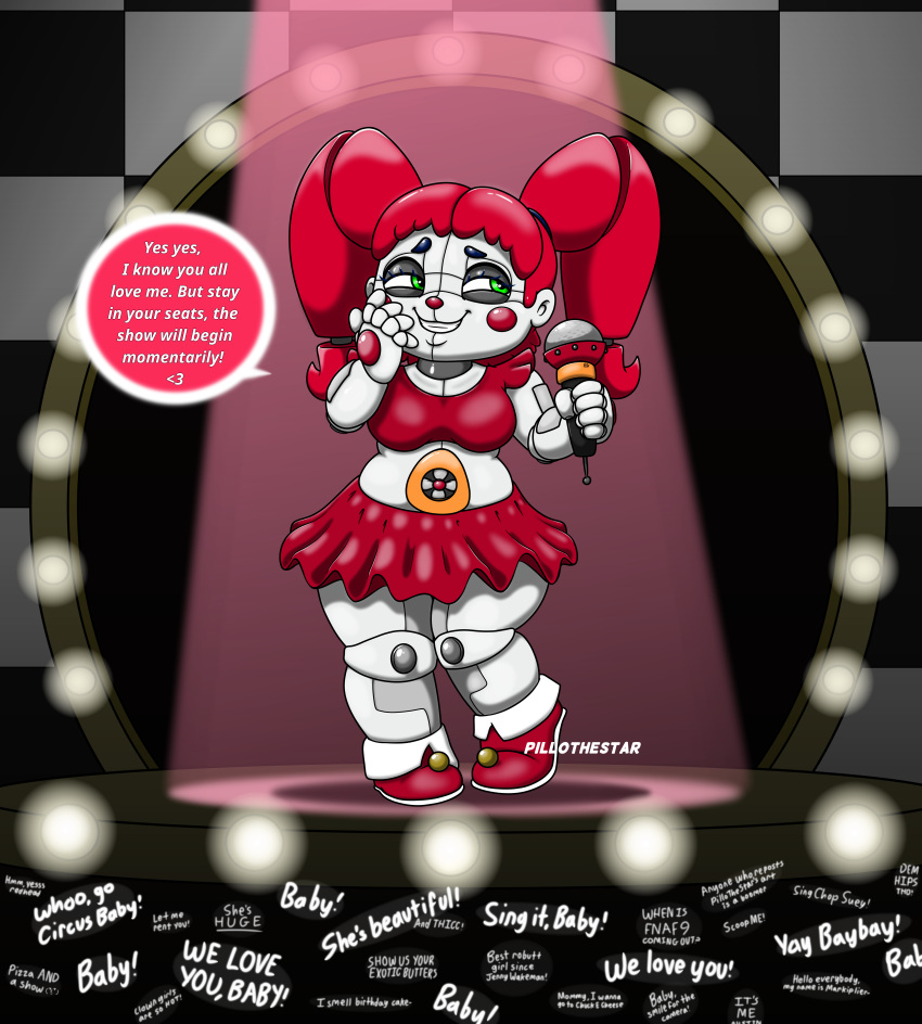 1girls 2d animatronic audience baby_(fnafsl) breasts circus_baby circus_baby_(fnaf) female five_nights_at_freddy's five_nights_at_freddy's:_sister_location full_color fully_clothed green_eyes microphone no_penetration no_sex pillothestar red_hair robot robot_girl robot_humanoid skirt smug smug_face stage stage_lights text thick_thighs