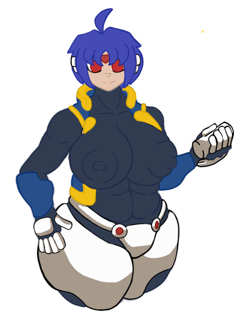 1girls armor big_ass big_breasts blue_clothes blue_hair erect_nipples front_view huge_ass huge_breasts lycra_suit mega_man mega_man_zx mega_man_zx_advent red_eyes rule_63 smile solo thetis_(mega_man) vest voluptuous waiting white_background white_fur