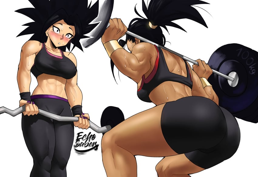 2girls abs big_ass big_butt bike_shorts black_eyes black_hair blush breasts butt_focus caulifla chocolate_and_vanilla dragon_ball dragon_ball_super echosaber female female_only female_saiyan gym_clothes gym_pants gym_uniform interracial_yuri kale light-skinned_female light_skin long_hair looking_up medium_breasts midriff multiple_girls muscular_female ponytail saiyan spiky_hair sports_bra squatting sweat sweatdrop tight_clothing universe_6 universe_6/universe_7 universe_6_girls weightlifting wide_hips yoga_pants yuri