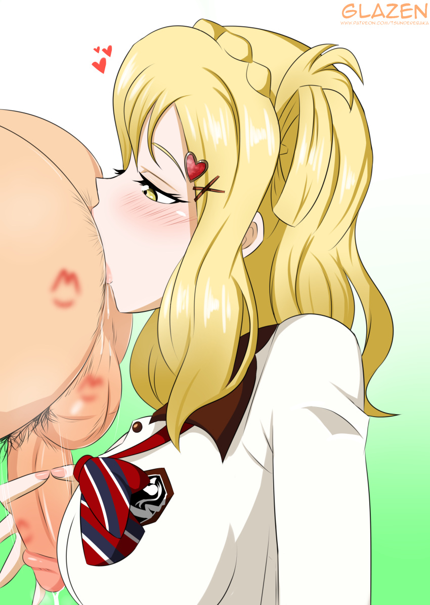 1boy 1girls ass blonde_hair blush clothed female_rimming_male glazinbuns hairy_anus hairy_ass lipstick_mark lipstick_on_balls lipstick_on_penis love_live! love_live!_sunshine!! male_anilingus ohara_mari penis rimming straight stroking stroking_penis yellow_eyes