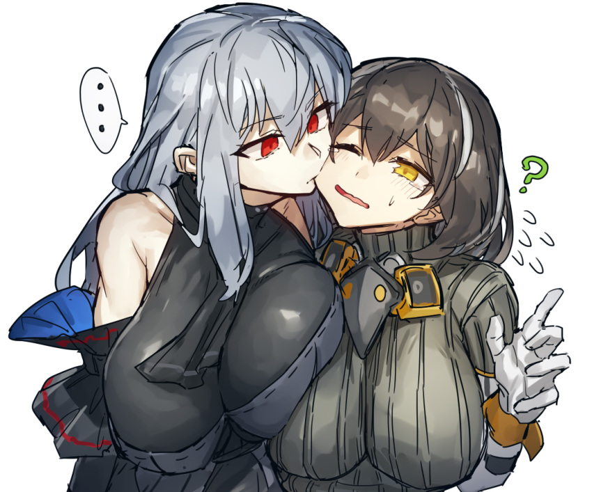 2girls arknights big_breasts blush breast_press dark_hair deadpan dress huge_breasts imminent_kiss love_bite magallan_(arknights) melon22 pale-skinned_female pale_skin red_eyes short_hair shoulderless_dress silver_hair skadi_(arknights) sweatdrop sweater yellow_eyes yuri