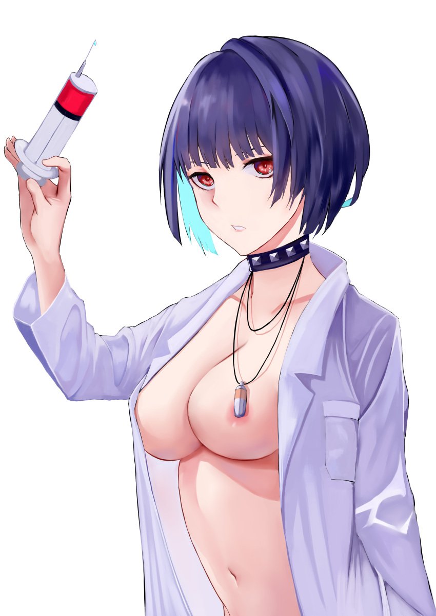 atlus blue_eyebrows blue_hair choker doctor eyebrows eyebrows_behind_hair eyelashes eyelashes_behind_hair eyes holding_syringe jewelry lab_coat lab_coat_only labcoat large_breasts naked_choker naked_jewelry naked_labcoat naked_necklace necklace no_bra no_bra_under_clothes open_eyes persona persona_5 red_eyes shin_megami_tensei stomach studded_choker syringe tae_takemi whatalion