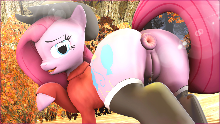 3d 3d_(artwork) ass clothed clothing cutie_mark digital_media_(artwork) equid equine female feral friendship_is_magic genitals hair hasbro hi_res horn horse lewdyroom looking_at_viewer mammal my_little_pony nude pink_body pink_hair pinkie_pie_(mlp) pony public pussy solo source_filmmaker