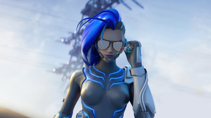 1girls 3d aviator_sunglasses blizzard_entertainment blue_hair bodysuit breasts camera_view cyberspace_sombra fjvnb lipstick looking_at_viewer overwatch smirk solo sombra sunglasses tinted_eyewear tits