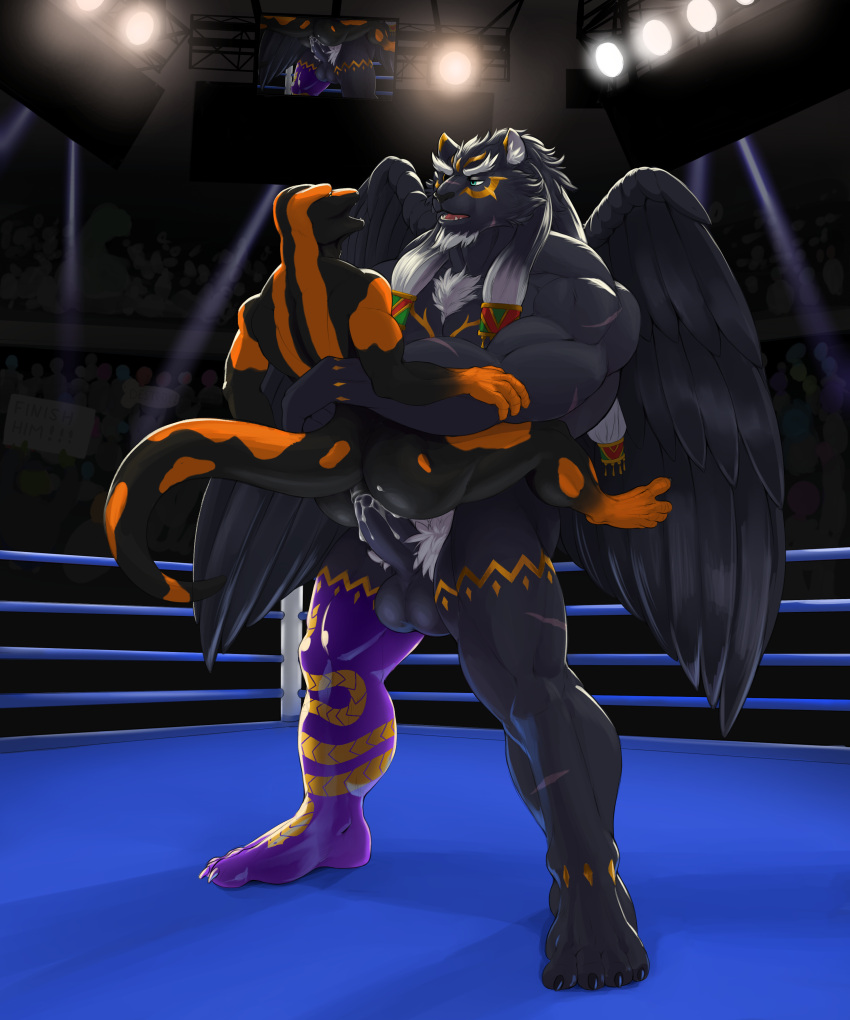 2020 4_toes absurd_res amphibian anal anthro arms_around_waist ass balls big_muscles big_penis black_body black_feathers black_fur black_nose black_wings bodily_fluids boner chest_tuft competition crowd cum cum_inside domination duo ejaculation english_text erection eye_contact eye_patch eyewear facial_hair feathers feet felid fighting_ring fire_salamander_(salamander) fur genital_fluids genitals green_eyes group hair hands_on_arms hands_together hi_res holding_waist larger_male looking_at_another male male/male male_domination male_only mammal markings max_(maxdamage_rulz) multicolored_body multicolored_fur multicolored_hair muscular muscular_anthro muscular_male nude open_mouth orange_body orange_spots pantherine penis pubes razzper salamander_(amphibian) scar screen sex sexual_competition sign size_difference smaller_male spotlight spots standing standing_sex text tezcatlipoca thick_thighs toes tokyo_afterschool_summoners tuft two_tone_body video_games white_body white_fur white_hair wings wrestling