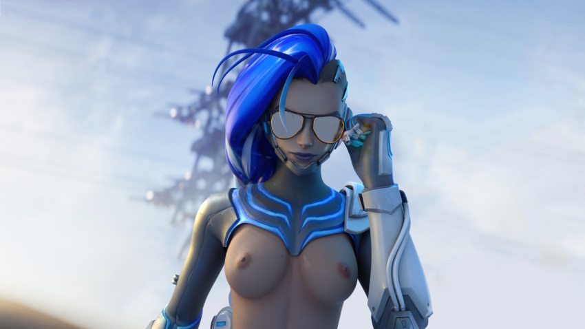 1girls 3d aviator_sunglasses blizzard_entertainment blue_hair breasts camera_view cyberspace_sombra exposed_breasts fjvnb lipstick looking_at_viewer overwatch smirk solo sombra sunglasses tinted_eyewear tits