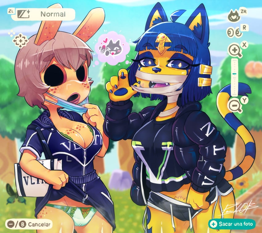 2020 animal_crossing ankha breath coco_(animal_crossing) dressed nintendo panteon013 pubic_hair