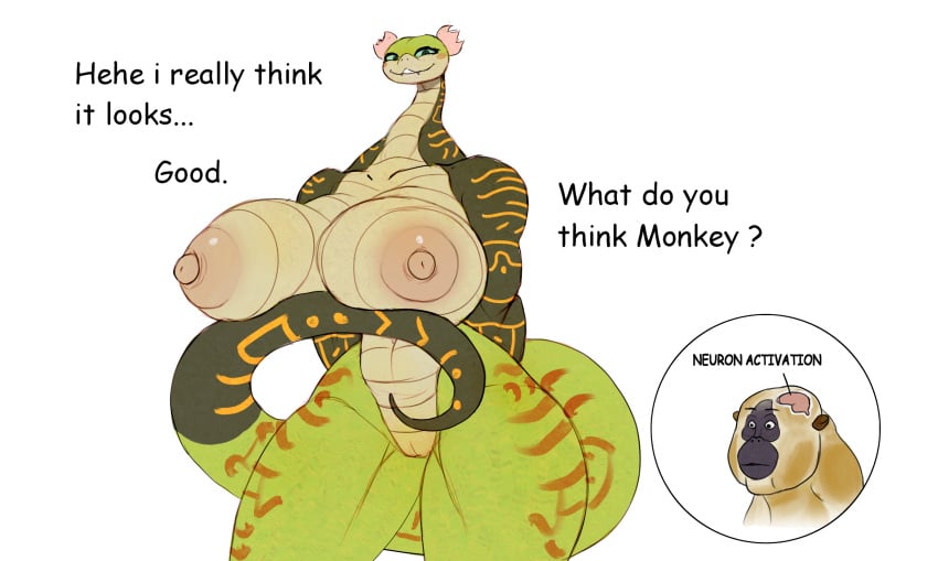 1girls female furry kung_fu_panda large_breasts master_viper meme monkey non-mammal_breasts scalie seductive seductive_smile smile snake venjiiart