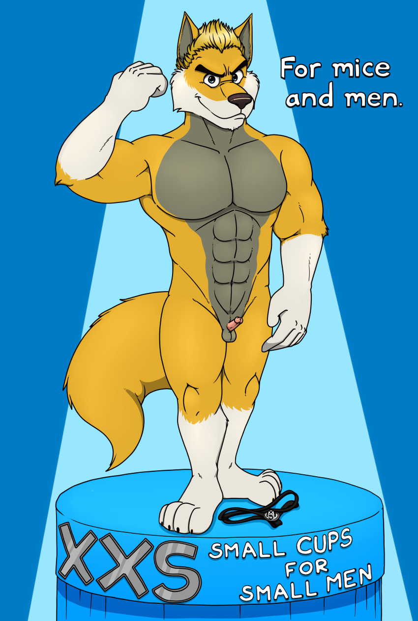 absurd_res advertisement anthro balls blake canid canine canis clothing commercial confident cup english_text genitals hi_res jockstrap male mammal muscular muscular_anthro muscular_male neenya penis podium small_balls small_penis solo sportswear text underwear wolf