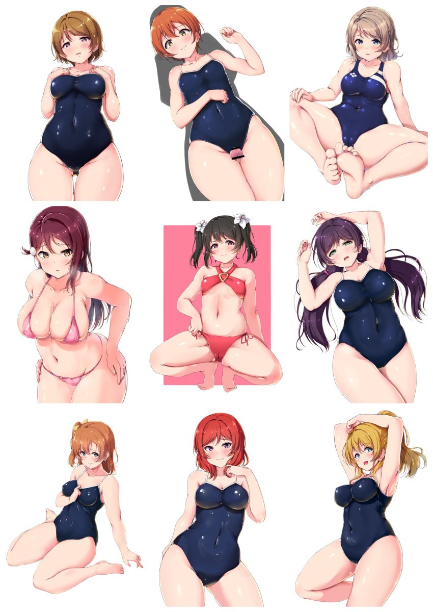 9girls ayase_eli collage female female_only hoshizora_rin koizumi_hanayo kousaka_honoka looking_at_viewer love_live! love_live!_school_idol_project love_live!_sunshine!! multiple_girls nishikino_maki one-piece_swimsuit pose posing sakurauchi_riko shinonon shinonon_(iso_shino) swimsuit swimsuits tagme thick_thighs toujou_nozomi watanabe_you wide_hips yazawa_nico