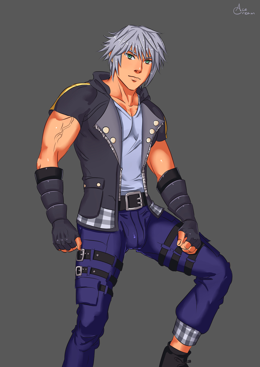 1boy acecream belt boots bulge clothed clothing gloves grey_background human human_only jacket kingdom_hearts light_blue_eyes looking_at_viewer male male_only muscular pants pose posing riku shirt silver_hair solo solo_focus solo_male veiny_muscles