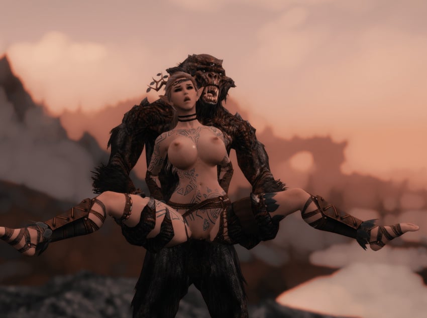 1male 3d ahe_gao animated elf high_elf interspecies monster skyrim the_elder_scrolls troll troll_(skyrim) vaginal_penetration