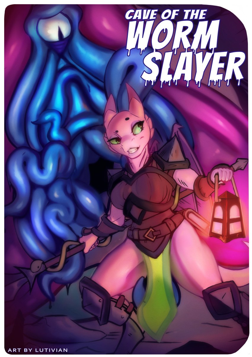 1girls absurd_res anthro birth blue_tentacles clenched_teeth clothing comic cover cover_art cover_page female green_eyes hi_res kobold lutivian monster spread_legs tentacle tentacle_monster vore winged_kobold