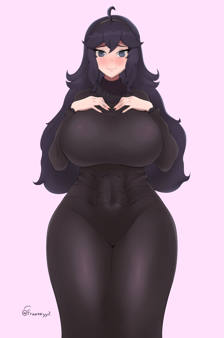 1girls black_dress breasts clothed curvaceous dress female fraankyy hands_on_own_chest hex_maniac high_resolution large_breasts long_dress looking_at_viewer nail_polish pokemon purple_eyes purple_hair socks solo standing thick_thighs thighs very_high_resolution wide_hips