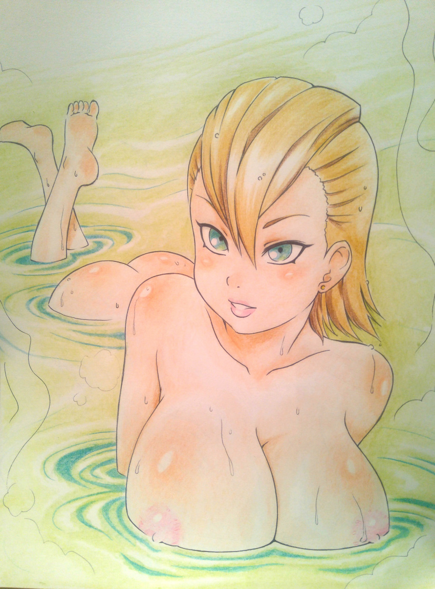 1girls areolae ass big_breasts blonde_hair blush cleavage feet feet_up female female_only green_eyes hair_between_eyes haruno_mebuki hot_spring huge_breasts large_breasts lipstick long_hair looking_at_viewer lying makeup milf mother naked naruto naruto_(series) naruto_shippuden nipples nude on_stomach partially_submerged smile soles steam toes tonxubramando water wet wet_body wet_hair