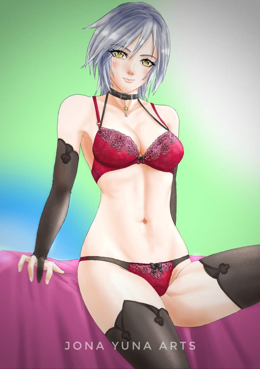 1girls anti-aqua aqua_(kingdom_hearts) armwear artist_name bed blush blushing bow bow_bra bow_panties bowtie bra collar condom disney enemy_conversion eyebrows_visible_through_hair eyelashes female female_focus female_only fit fit_female grey_hair jonayuna kingdom_hearts legwear lingerie looking_at_viewer navel panties picot_trim picot_trim_panties red_bra red_panties shiny shiny_hair shiny_skin simple_background sitting sitting_on_bed smile smiling smiling_at_viewer square_enix yellow_eyes