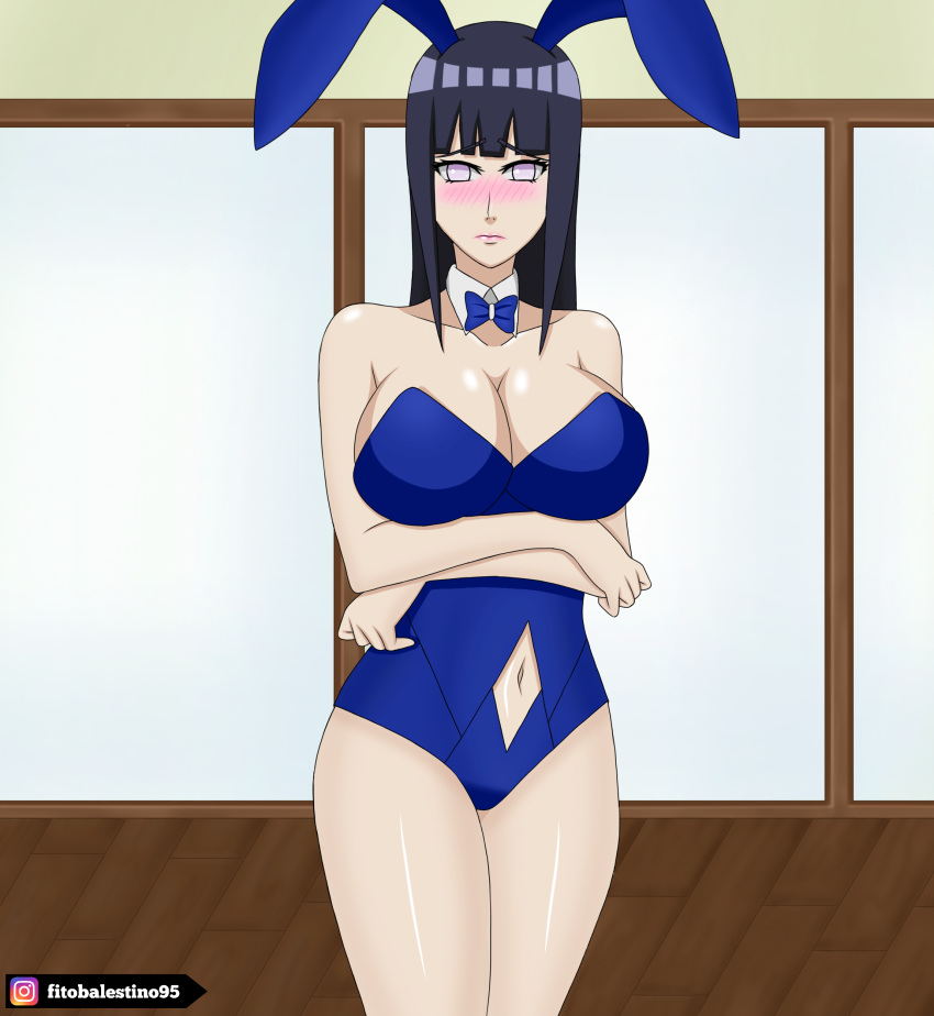 1girls animal_ears arms_under_breasts big_breasts blush breasts bunny_ears bunnysuit clavicle clothing collarbone curvy curvy_figure detached_collar embarrassed female female_only fitobalestino hyuuga_hinata leotard lipstick long_hair looking_at_viewer makeup naruto naruto_(series) naruto_shippuden purple_hair revealing_clothes solo violet_eyes wide_hips