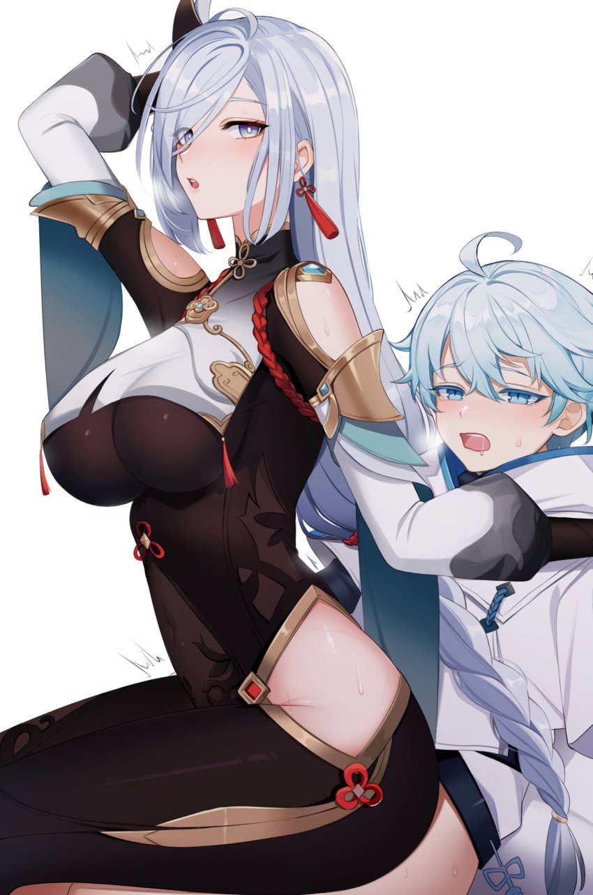 1boy 1girls absurd_res ateoyh aunt aunt_and_nephew bangs belly_button big_breasts blue_eyes blue_hair blush bodysuit braid braided_hair breasts chongyun_(genshin_impact) cleavage clothed clothing female genshin_impact hair_ornament hair_over_one_eye hi_res highres hips huge_breasts incest large_breasts long_hair looking_at_viewer male midriff mouth_open nephew no_pants older_female open_mouth plain_background shenhe_(genshin_impact) short_hair side_view sideboob simple_background sitting sitting_on_lap sitting_on_person slim_waist small_waist sweat sweatdrop sweaty sweaty_ass sweaty_body sweaty_butt thick thick_ass thick_thighs thighs tight_clothing underboob waist white_background white_hair wide_hips younger_male