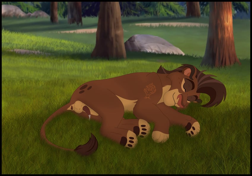 anus baliyo baliyo_(the_lion_guard) balls brown_body brown_fur brown_hair brown_skin cum cum_on_penis disney feline feline_penis feral grass kaion lion male_only paws sleeping solo sperm the_lion_guard the_lion_king