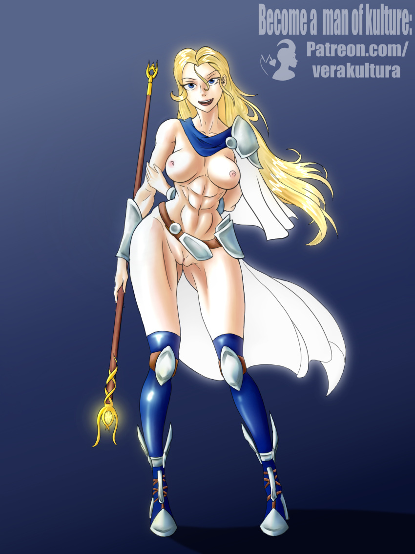 areolae blonde_hair blue_eyes breasts female female_focus female_only happy league_of_legends legwear long_hair long_legs luxanna_crownguard muscular muscular_female nipples nude nude_female partially_clothed pose pussy smile solo solo_female staff verakultura