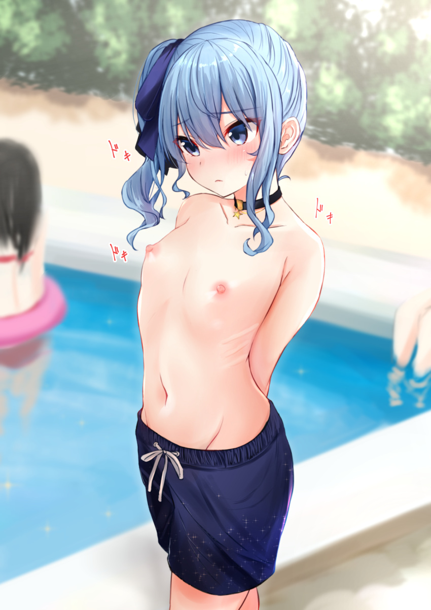 3girls arms_behind_back blue_eyes blue_hair blush choker crossdressing ex_idol female female_only flat_chest hair_between_eyes hat highres hololive hololive_gen_0 hololive_japan hoshimachi_suisei looking_at_viewer male_swimwear male_swimwear_challenge mens_swimsuit_challenge navel nipples pool shorts side_ponytail small_breasts swimming_trunks tagme topless virtual_youtuber