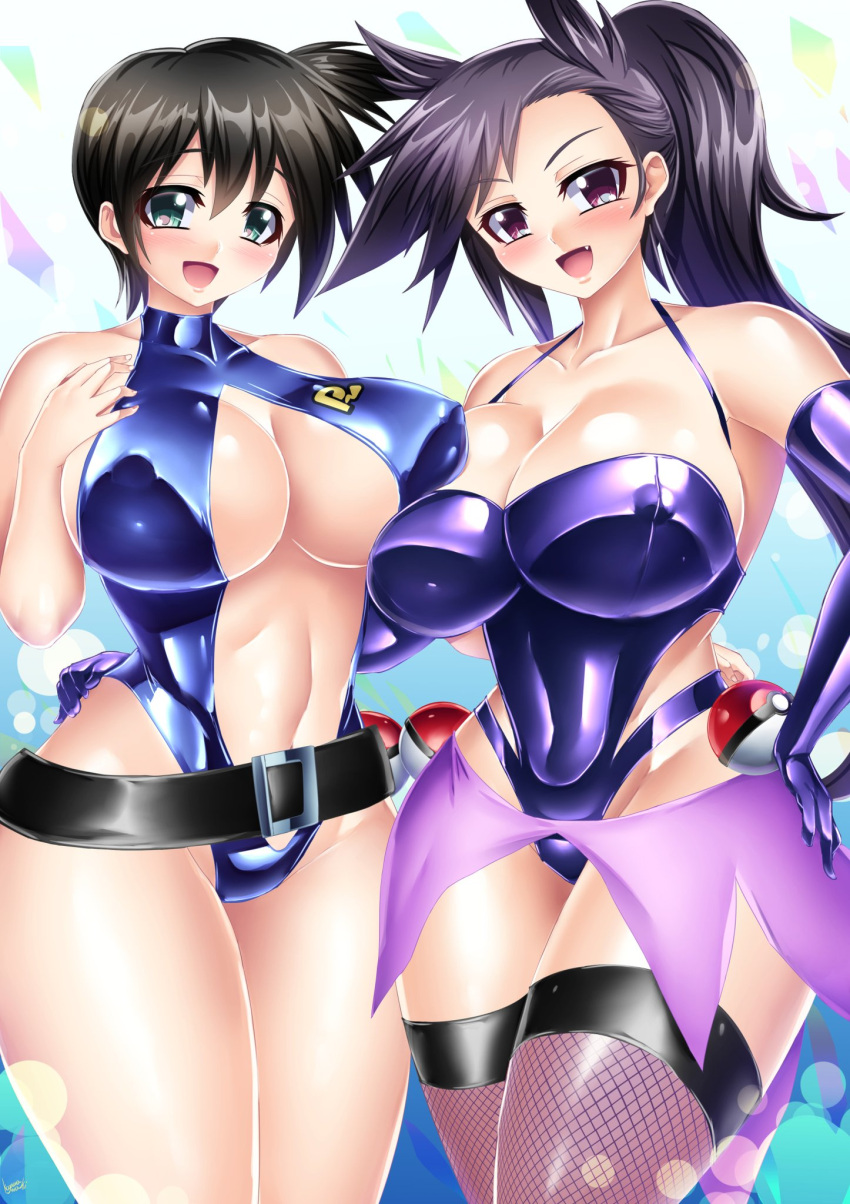 2girls alternate_breast_size big_breasts black_hair blush breasts dark_hair female female_only gloves green_eyes heart huge_breasts kasumi_(pokemon) kogawawaki large_breasts legs misty_(pokemon) misty_(the_electric_tale_of_pikachu) multiple_girls one-piece_swimsuit pauline_(pokemon) pokeball pokemon pokemon_(manga) pokemon_reburst pokemon_rgby smile swimsuit the_electric_tale_of_pikachu thick thick_thighs thighhighs thighs