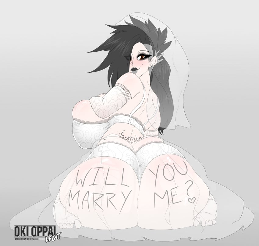 ass ass_writing black_hair black_lipstick bridal_gloves bridal_legwear bridal_lingerie bridal_stockings bridal_veil dat_ass ear_piercing fat_ass gigantic_breasts goth grey_lipstick honeymoon huge_ass mascara massive_ass okioppai pandora_(okioppai) pawg plump_ass plump_lips red_eyes shaved_side smiling tramp_stamp