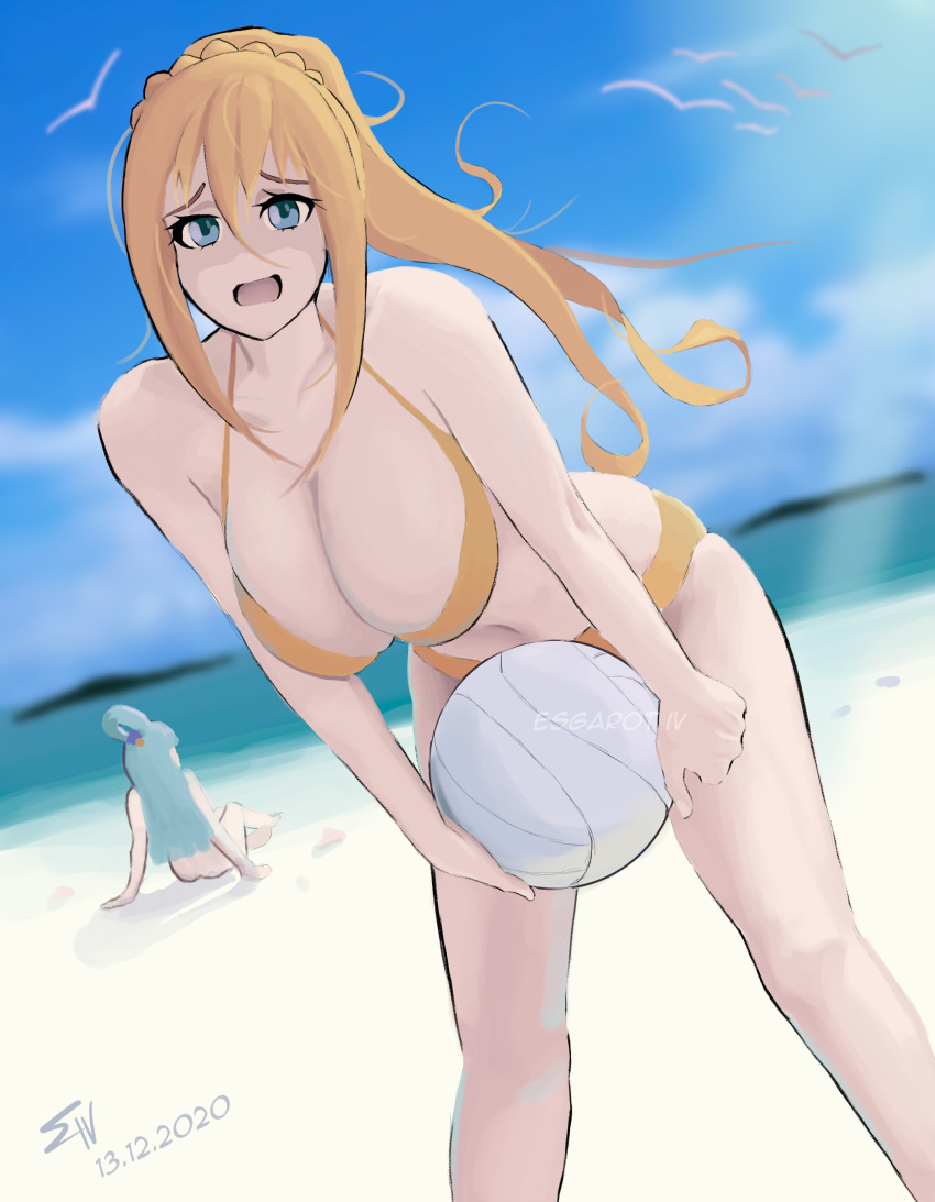 2girls aqua_(konosuba) beach big_breasts blonde_hair blue_eyes blush breasts curvy darkness_(konosuba) esgarot_iv female female_only kono_subarashii_sekai_ni_shukufuku_wo! light_skin long_hair multiple_girls oppai sea solo_focus summer swimsuit thighs very_long_hair