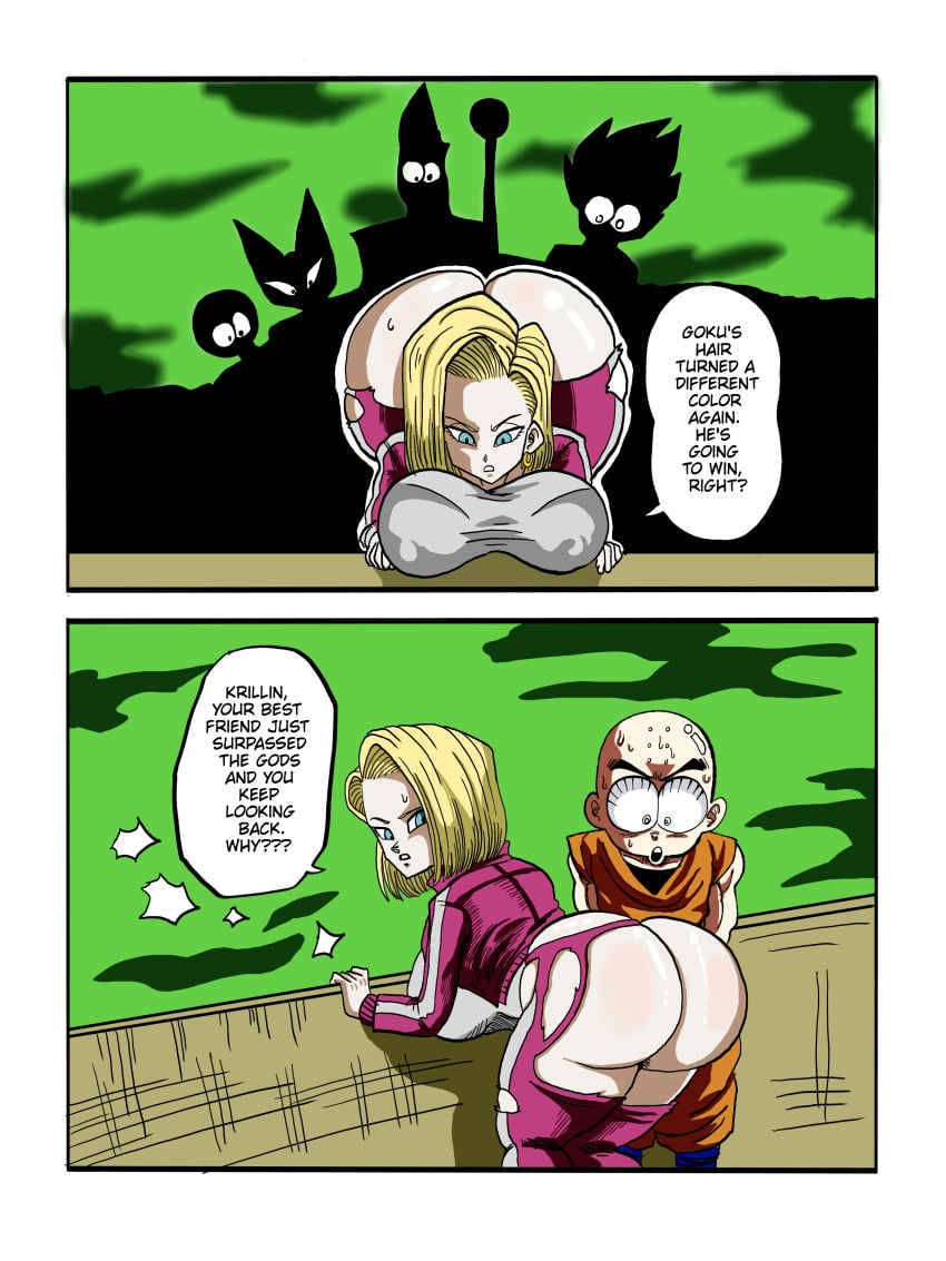 1girls 5boys alien android_18 ass ass_in_air beerus big_ass big_butt big_eyes blonde_hair blonde_hair_female breasts butt_in_air comic doompypomp dragon_ball dragon_ball_super english english_text exposed_ass female huge_ass huge_butt krillin kuririn large_ass large_butt looking_down male ripped_clothing ripped_pants saiyan shocked silhouette text text_bubble tournament_of_power vegeta